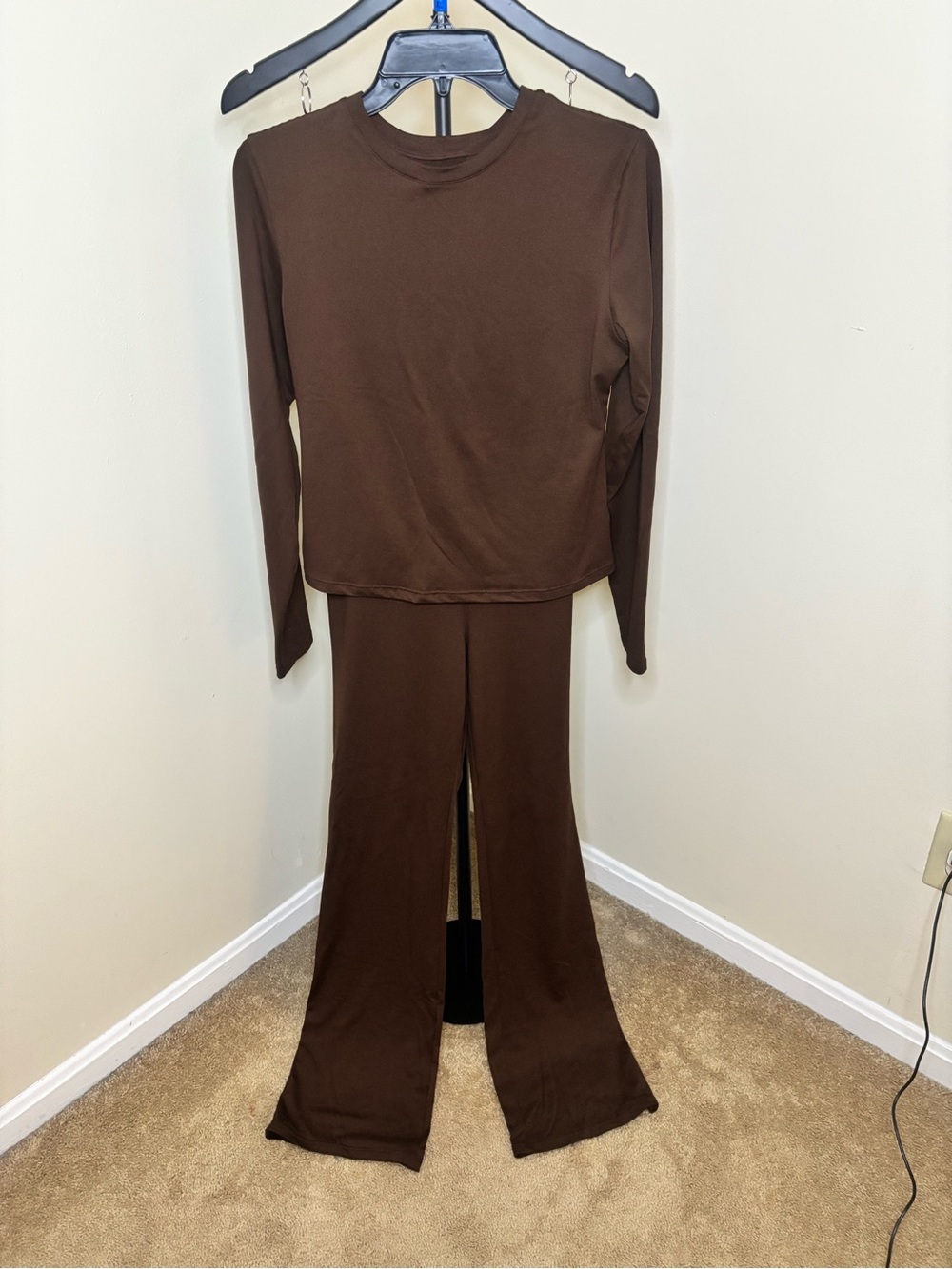 Chocolate Brown Two Piece Matching Set Long Sleeve Top Flare Pants - Picture 2 of 4